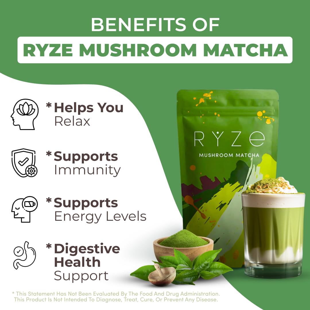 RYZE Superfoods Mushroom Matcha Organic Energy & Focus Drink Mix (1 Pack 30 Servings)