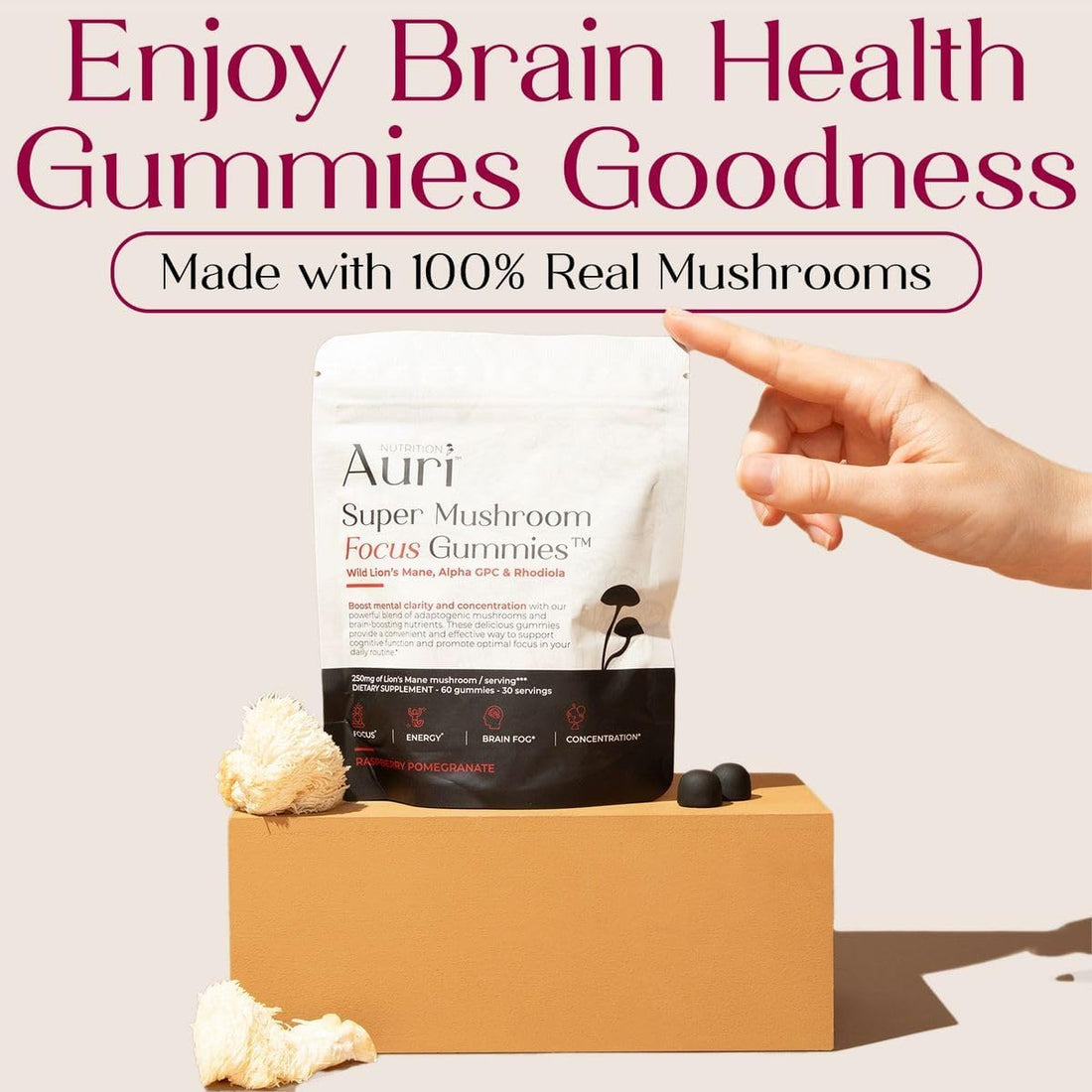 Auri Mushroom Focus Gummies Lion’s Mane + Alpha GPC + Rhodiola Energy, Focus & Brain Support 60 Gummies (Pack of 1)
