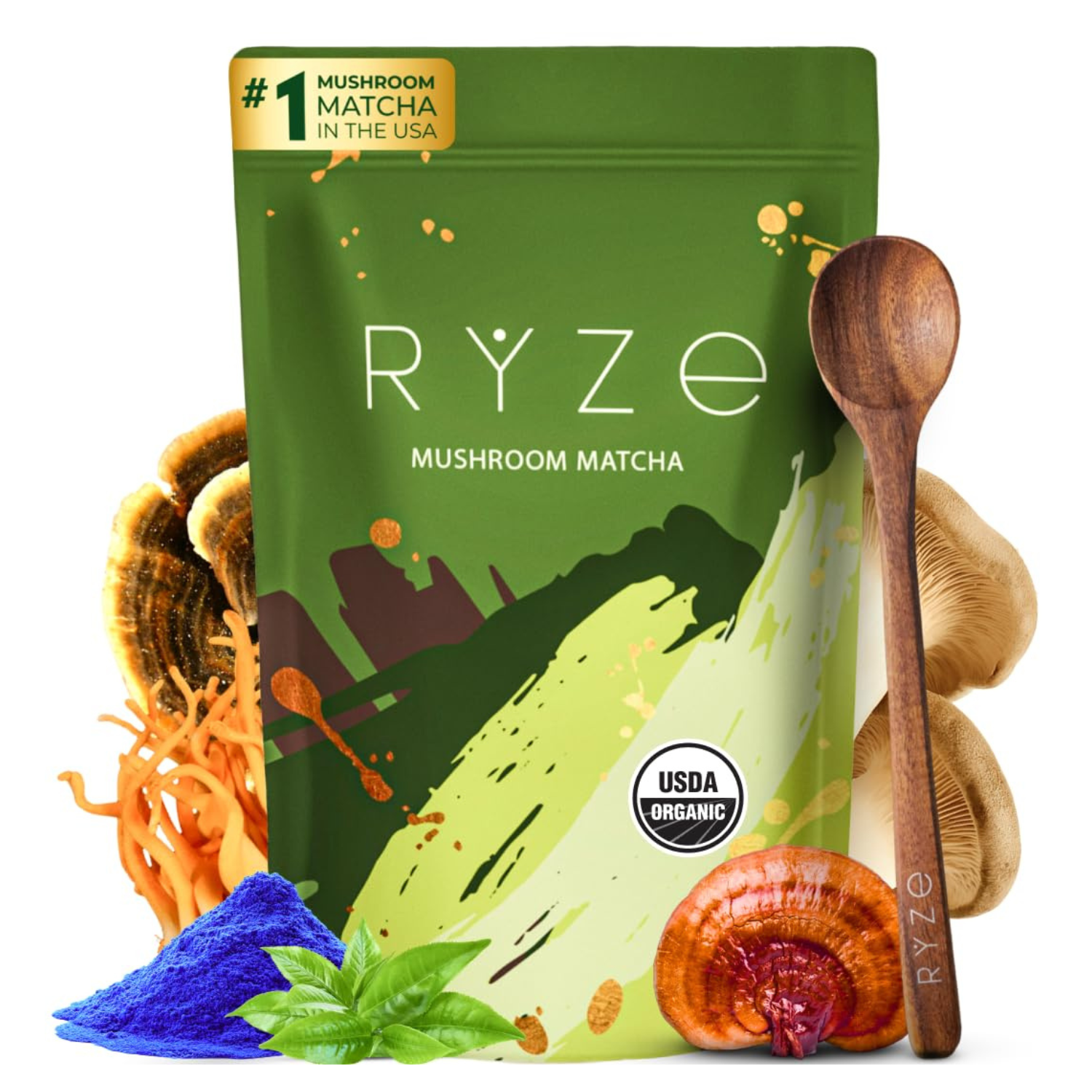 RYZE Superfoods Mushroom Matcha Organic Energy & Focus Drink Mix (1 Pack 30 Servings)