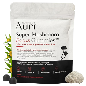 Auri Mushroom Focus Gummies Lion’s Mane + Alpha GPC + Rhodiola Energy, Focus & Brain Support 60 Gummies (Pack of 1)