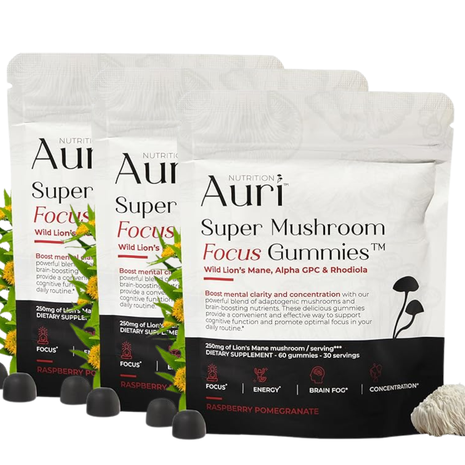 Auri Mushroom Focus Gummies Triple Pack | Lion’s Mane + Alpha GPC + Rhodiola Memory Focus & Energy Support 60 Gummies Each (Pack of 3)