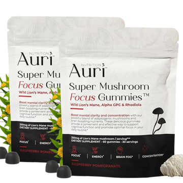 Auri Mushroom Focus Gummies Dual Pack | Lion’s Mane + Alpha GPC + Rhodiola Focus Clarity & Brain Support 60 Gummies Each (Pack of 2)