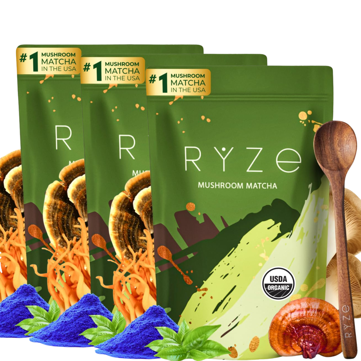 RYZE Superfoods Mushroom Matcha Organic Energy & Focus Drink Mix (Pack of 3) 30 Servings